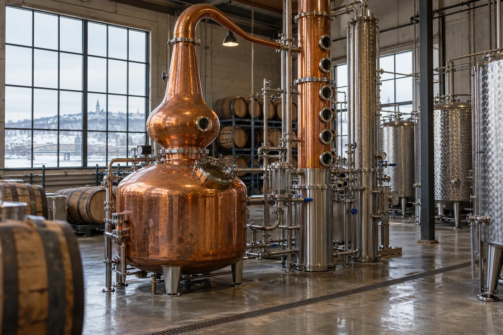 Alambic en cuivre entouré de cuves de fermentation en inox dans une petite distillerie artisanale