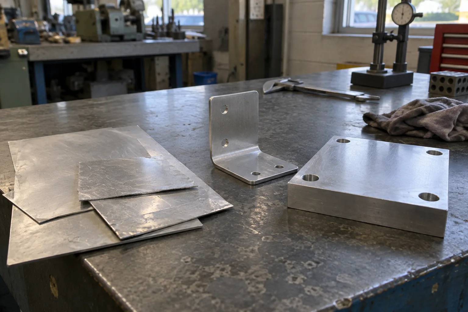 Illustration of aluminum sheet, a bent bracket and a machined aluminum plate on a workbench.