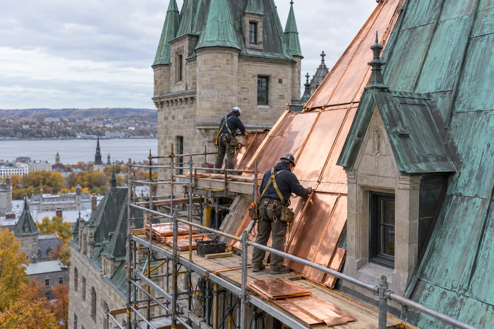 Couvreurs qui remplacent les feuilles de cuivre verdies d'une tour patrimoniale de style château
