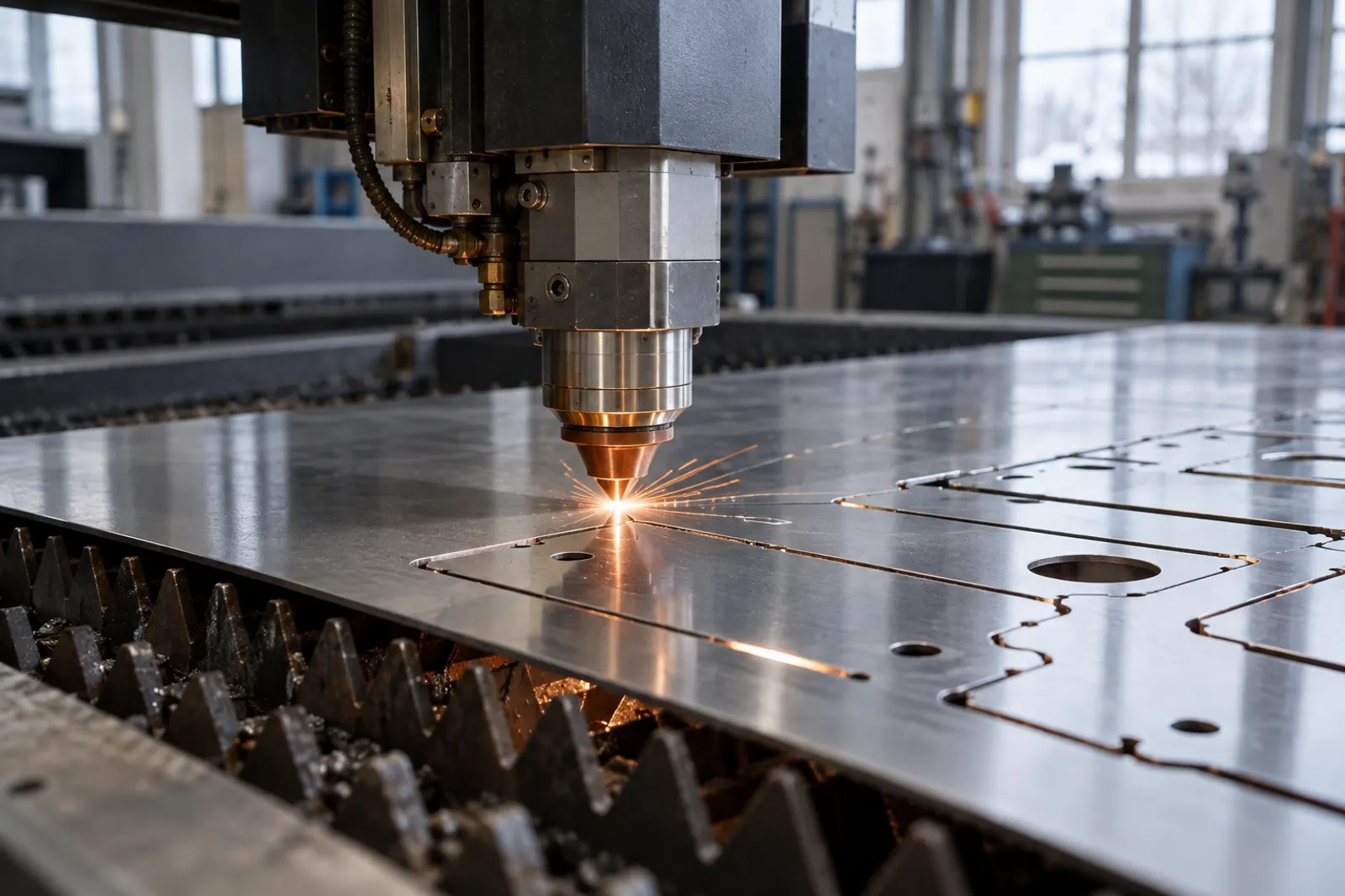 Fiber laser cutting head cutting through thin stainless steel sheet in the shop