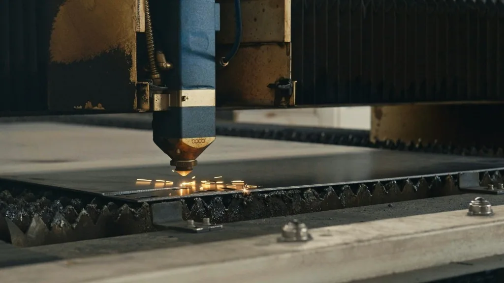 Découpeuse laser Bodor en atelier — tête de coupe au contact d'une tôle d'acier inoxydable avec étincelles lors du procédé de découpe CNC