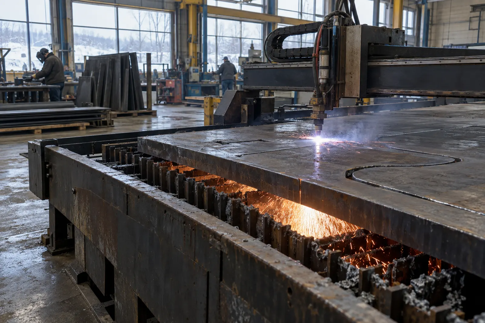 Plasma cutting of steel on a CNC table with sparks flying beneath the torch