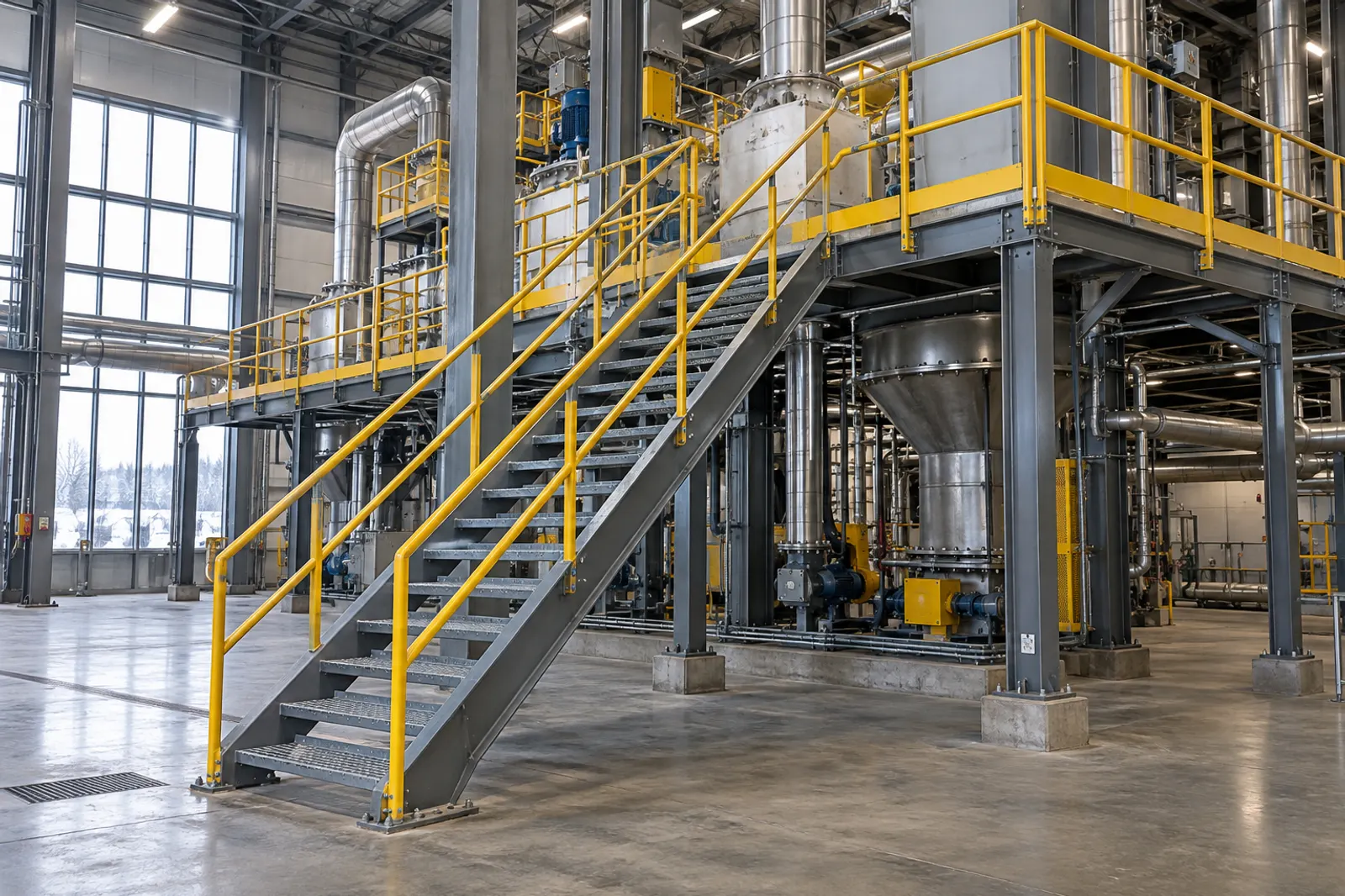 Escalier métallique industriel avec garde-corps menant à une plateforme d'entretien dans une usine