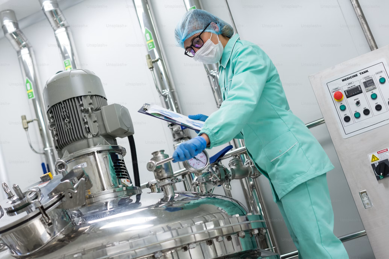 Quality inspector verifying documentary traceability during stainless steel fabrication in the pharmaceutical industry