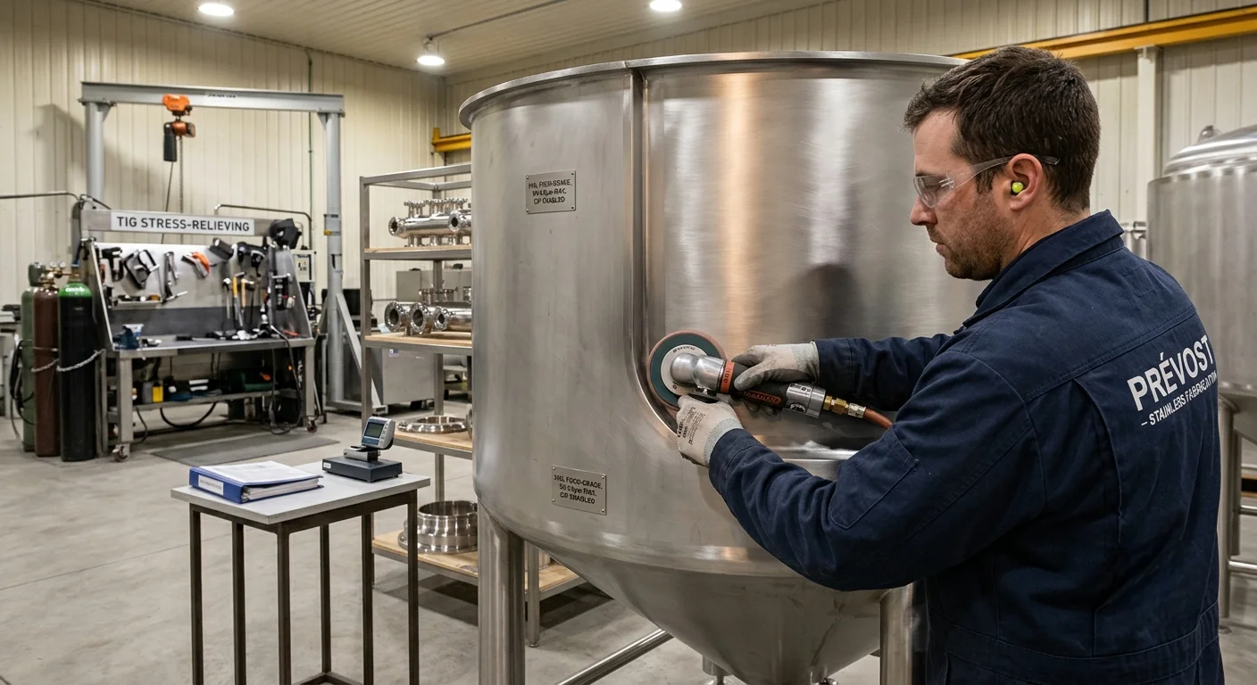 Équipement en acier inoxydable de grade alimentaire en cours de finition dans un atelier de fabrication sanitaire.