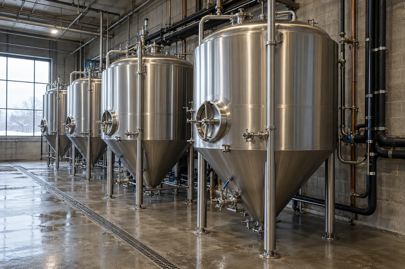 Rangée de fermenteurs cylindro-coniques en inox à double enveloppe dans le chai d'une microbrasserie