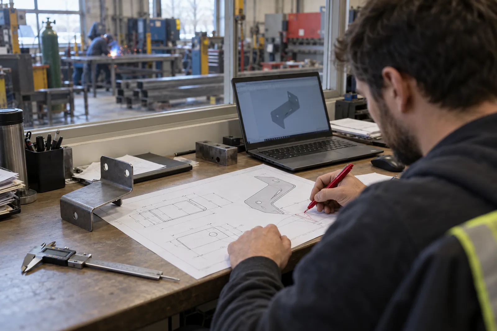 Ingénieur qui annote un plan d'atelier imprimé avant d'envoyer une soumission de fabrication métallique