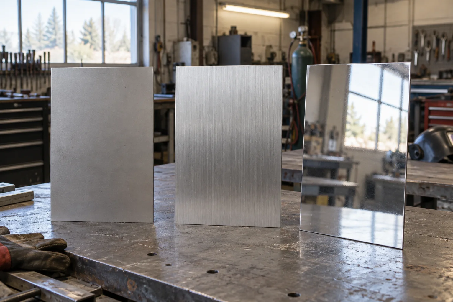 Illustration de trois panneaux d'inox aux finis mat, brossé et miroir dans un atelier.