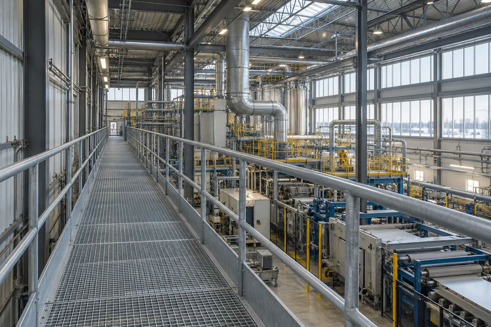 Passerelle industrielle en acier avec plancher en caillebotis antidérapant et garde-corps