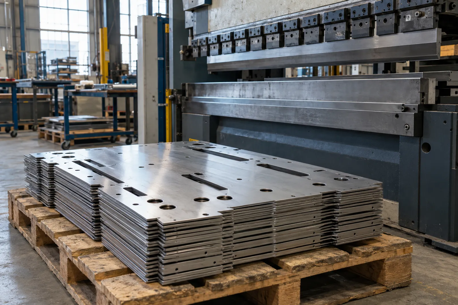 Pile de pièces en inox découpées au laser, prêtes pour le pliage dans un atelier de fabrication