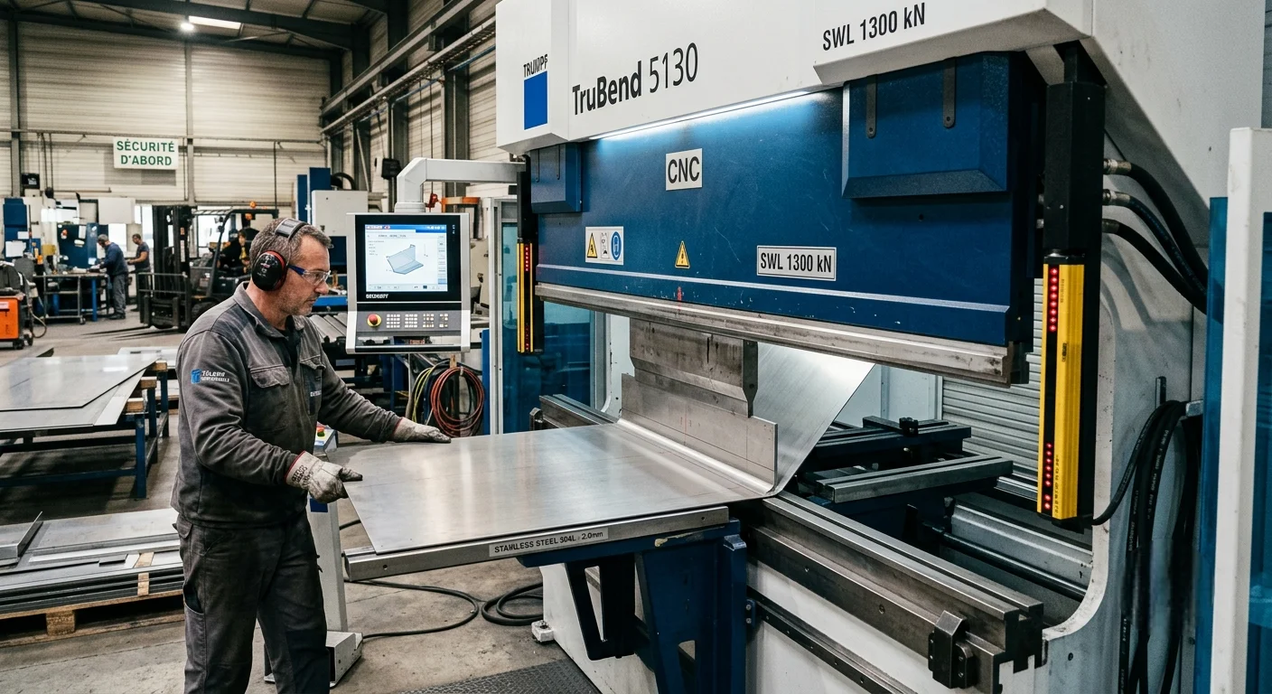 CNC bending of a stainless steel sheet on a press brake in a Canadian metal fabrication shop.