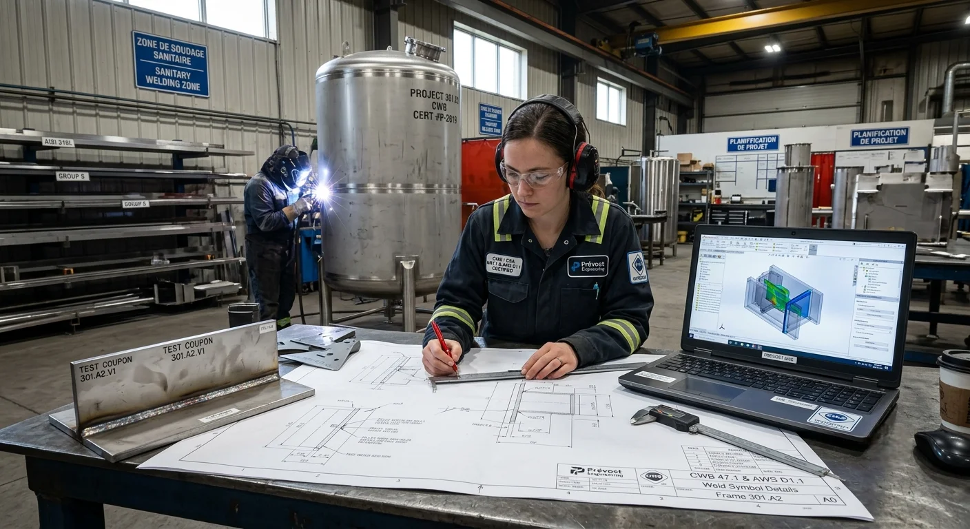 Engineer validating a custom metal fabrication drawing and 3D model in an integrated shop.