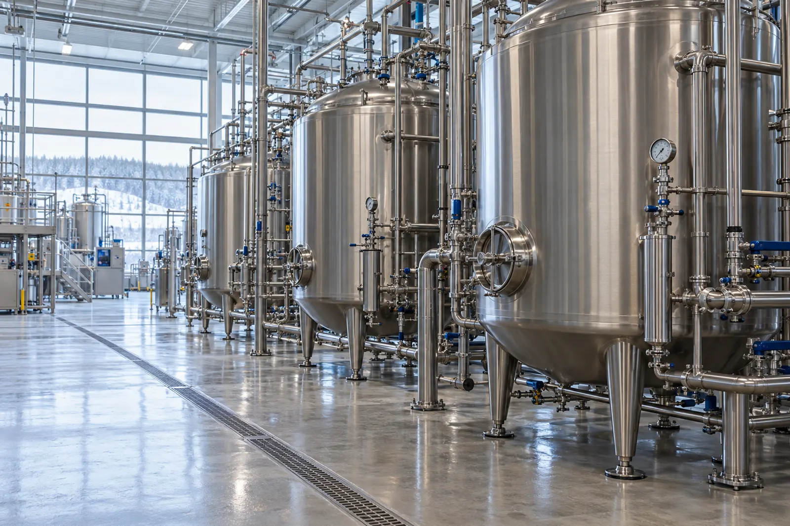 Réservoirs en acier inoxydable alignés dans une usine, exemple de réservoir inox sur mesure pour un procédé