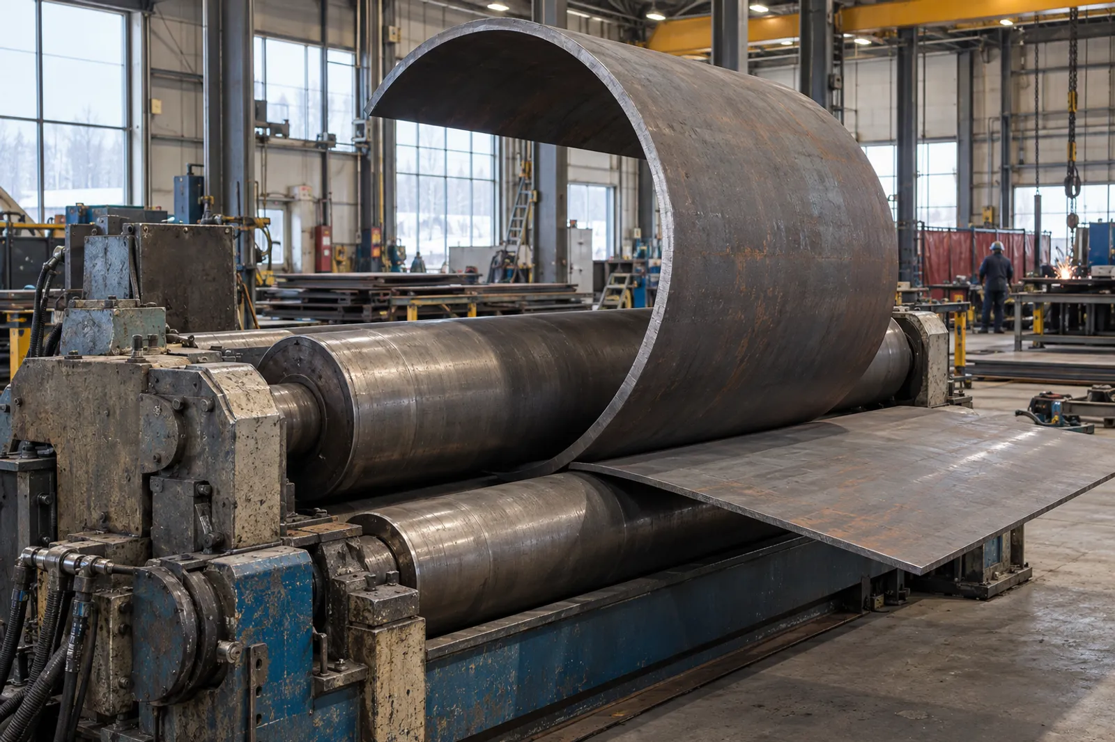 Steel plate fed between the rolls of an industrial plate roll to form a cylinder