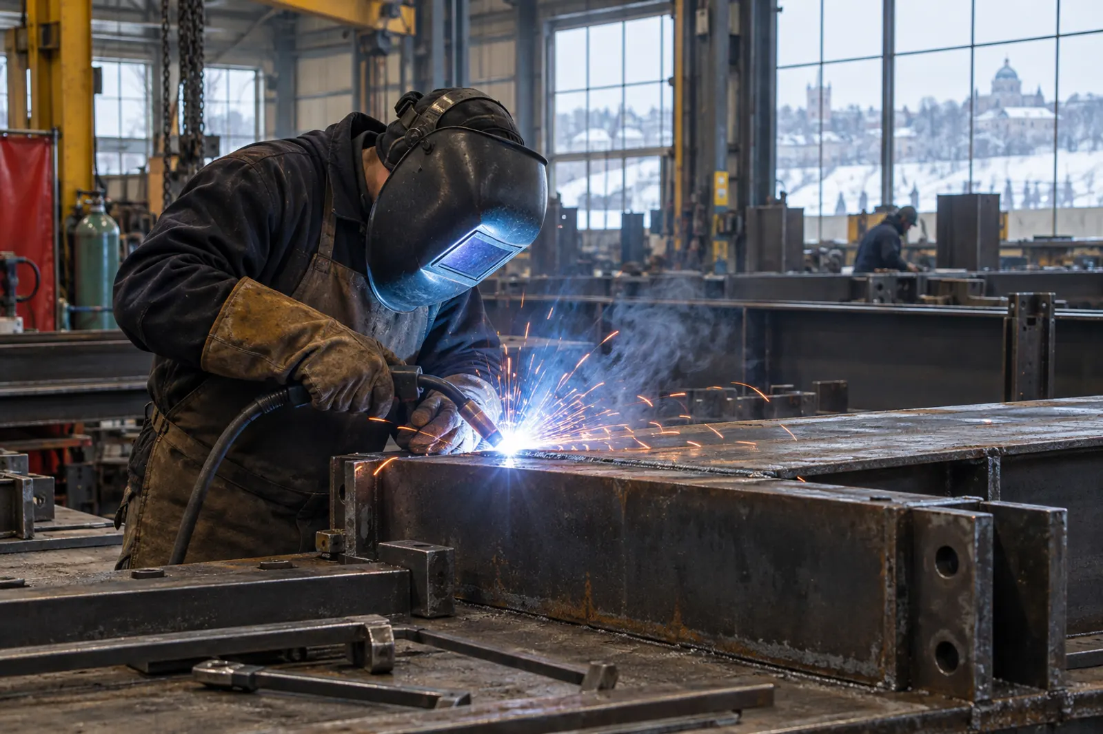 Soudage MIG d'une plaque d'acier épaisse dans un atelier de fabrication industrielle