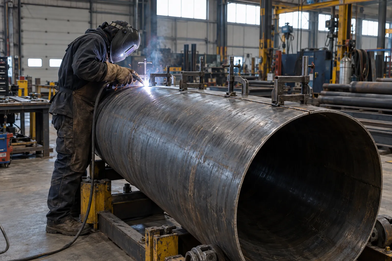 Welder tack welding the longitudinal seam of a rolled shell held by clamps