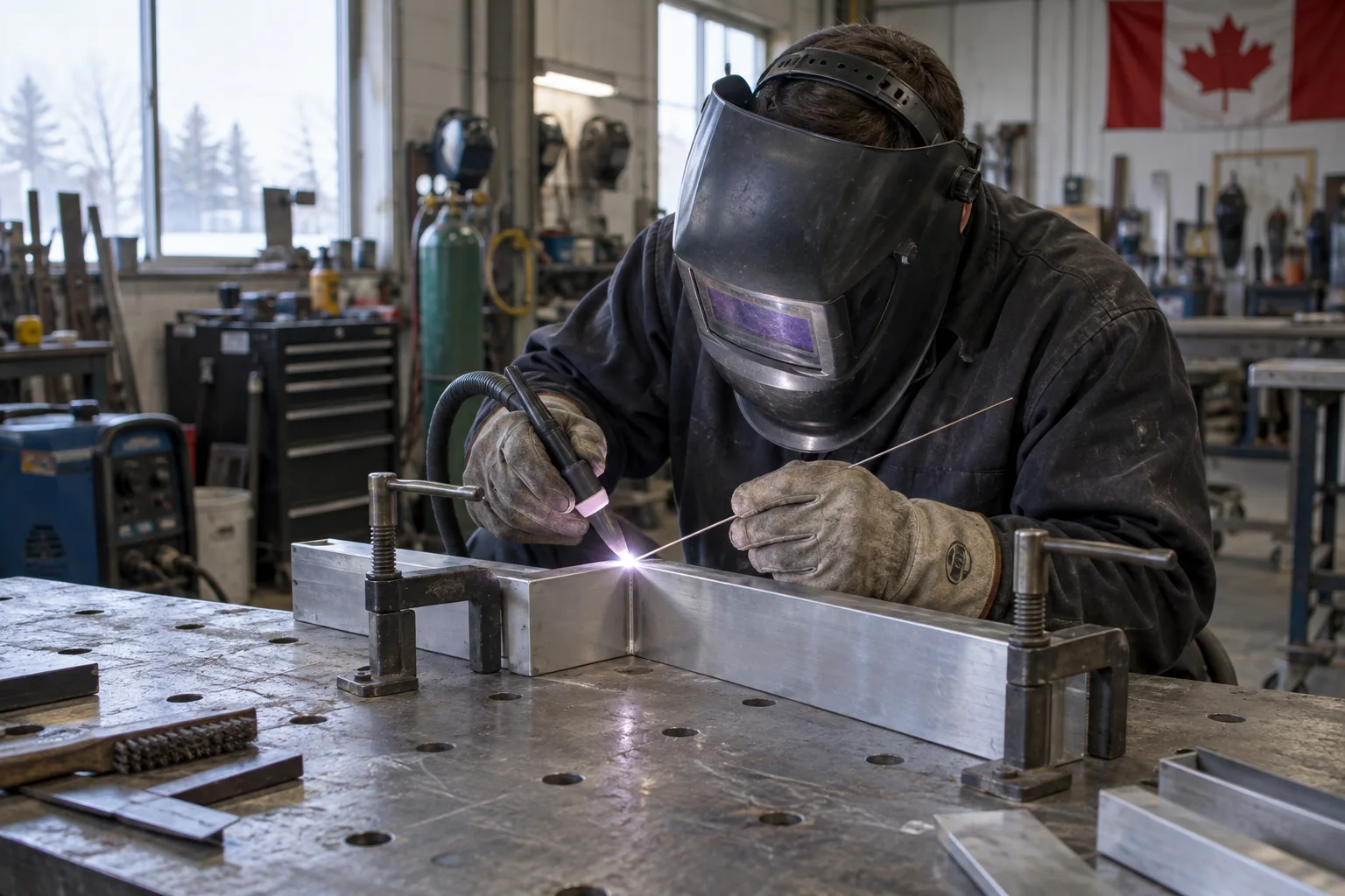 Illustration d'un soudeur équipé d'un masque et de gants assemblant de l'aluminium au TIG.