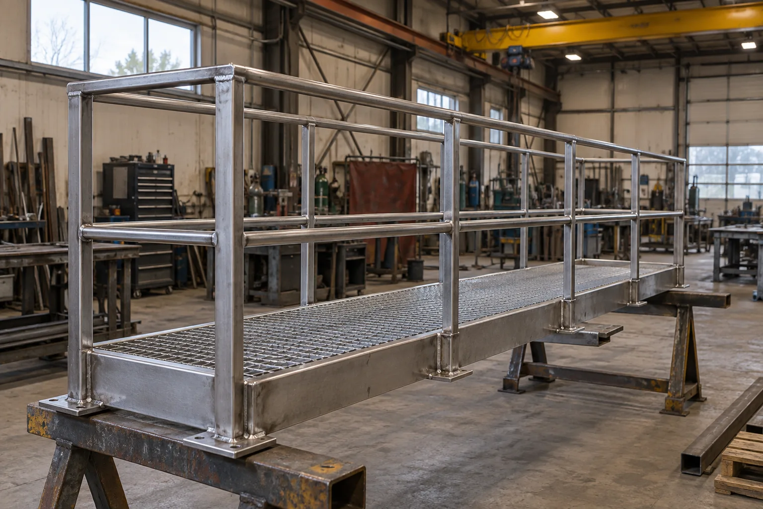 Illustration d'une passerelle industrielle en acier inoxydable avec garde-corps dans un atelier.