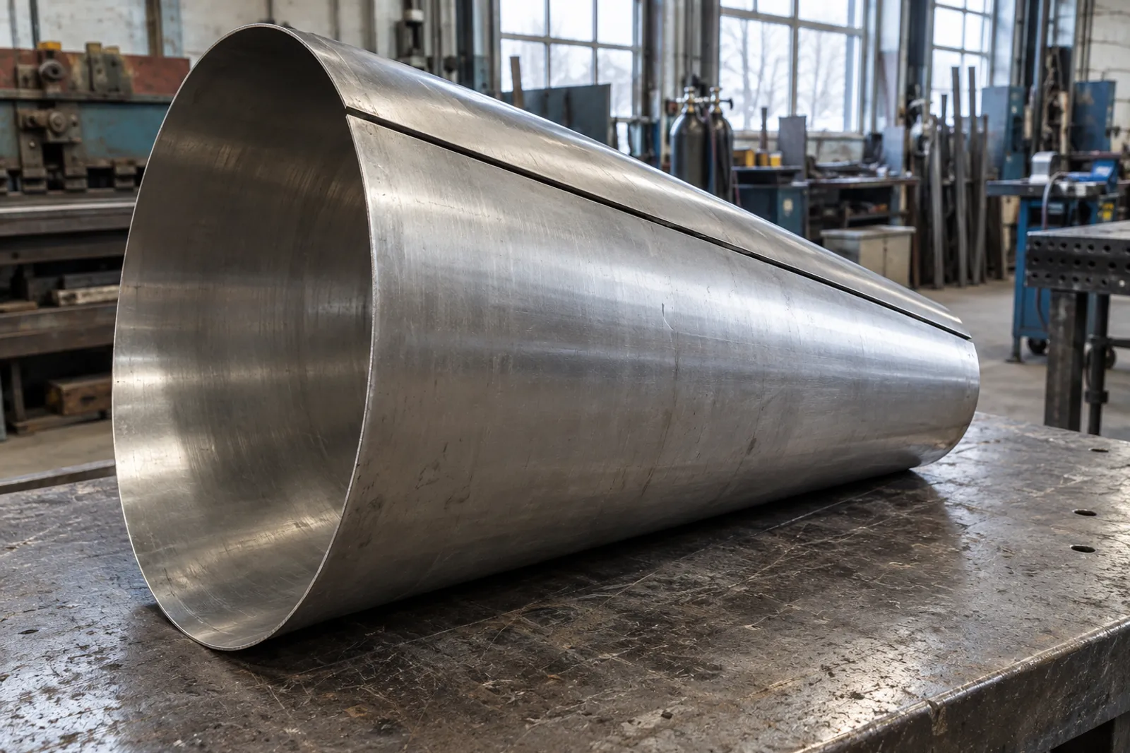 Freshly rolled stainless steel cone section on a shop table before the seam is welded
