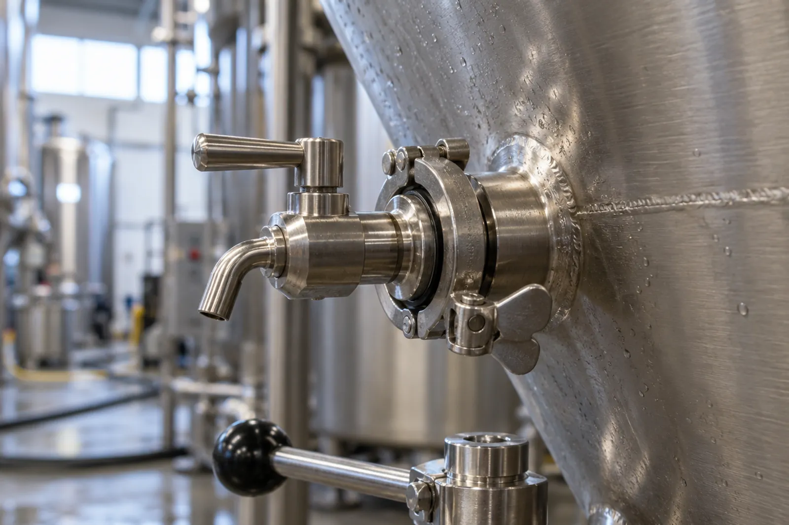 Vanne d'échantillonnage et raccord tri-clamp sur le cône d'une cuve inox microbrasserie
